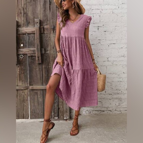 Elegant Mauve Ruffle Sleeve Smock Midi Dress - Picture 1 of 8